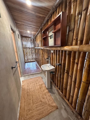 Shower, towels, soap, toilet paper