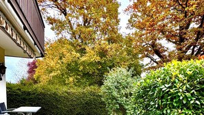 A paved patio area with a table and chairs, surrounded by lush greenery and trees with autumn foliage. - Cozy and quiet garden vacation apartment in the heart of Dießen am Ammersee (Dießen am Ammersee)
