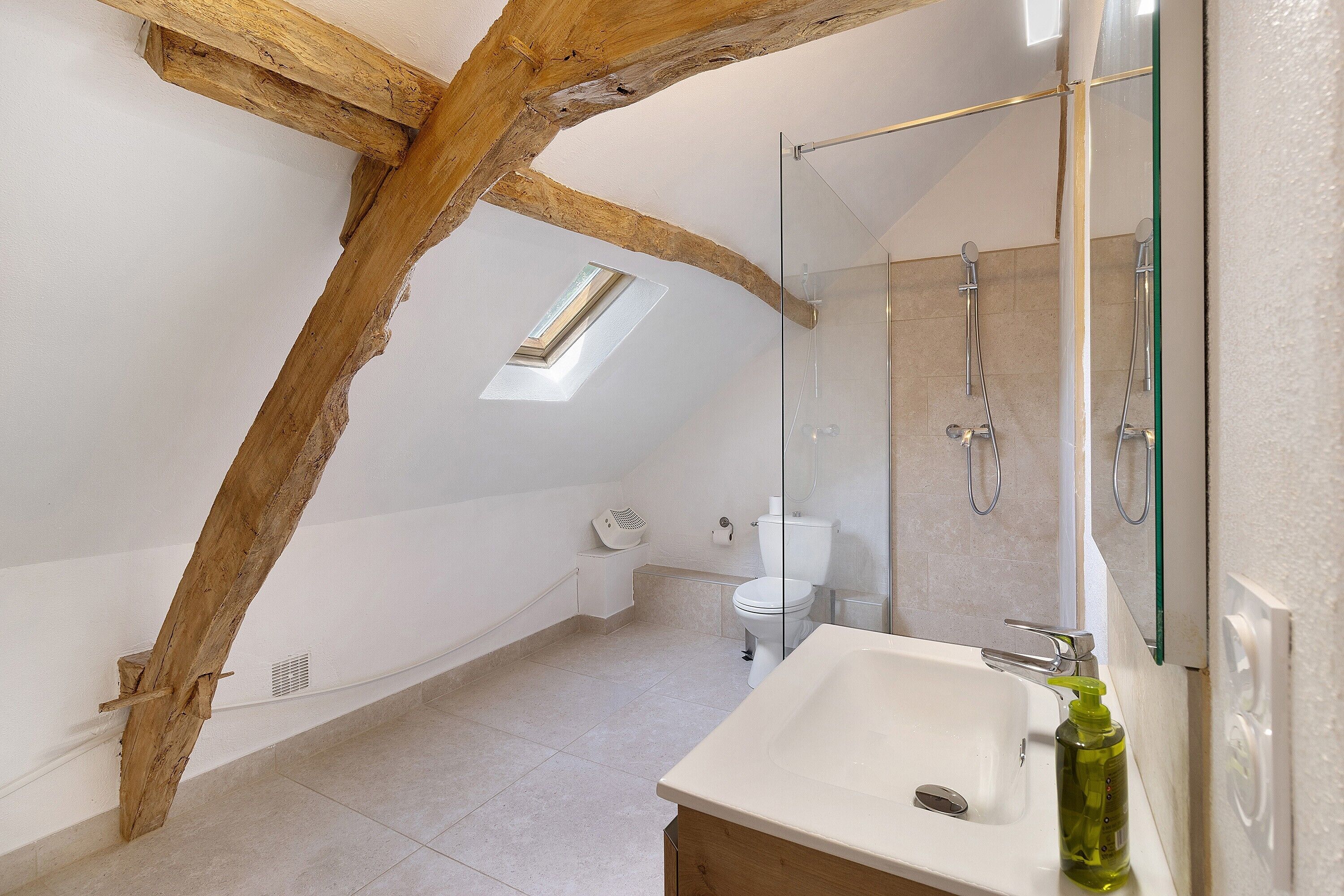 A bathroom with a skylight, a glass shower enclosure, a toilet, and a sink with a soap dispenser.