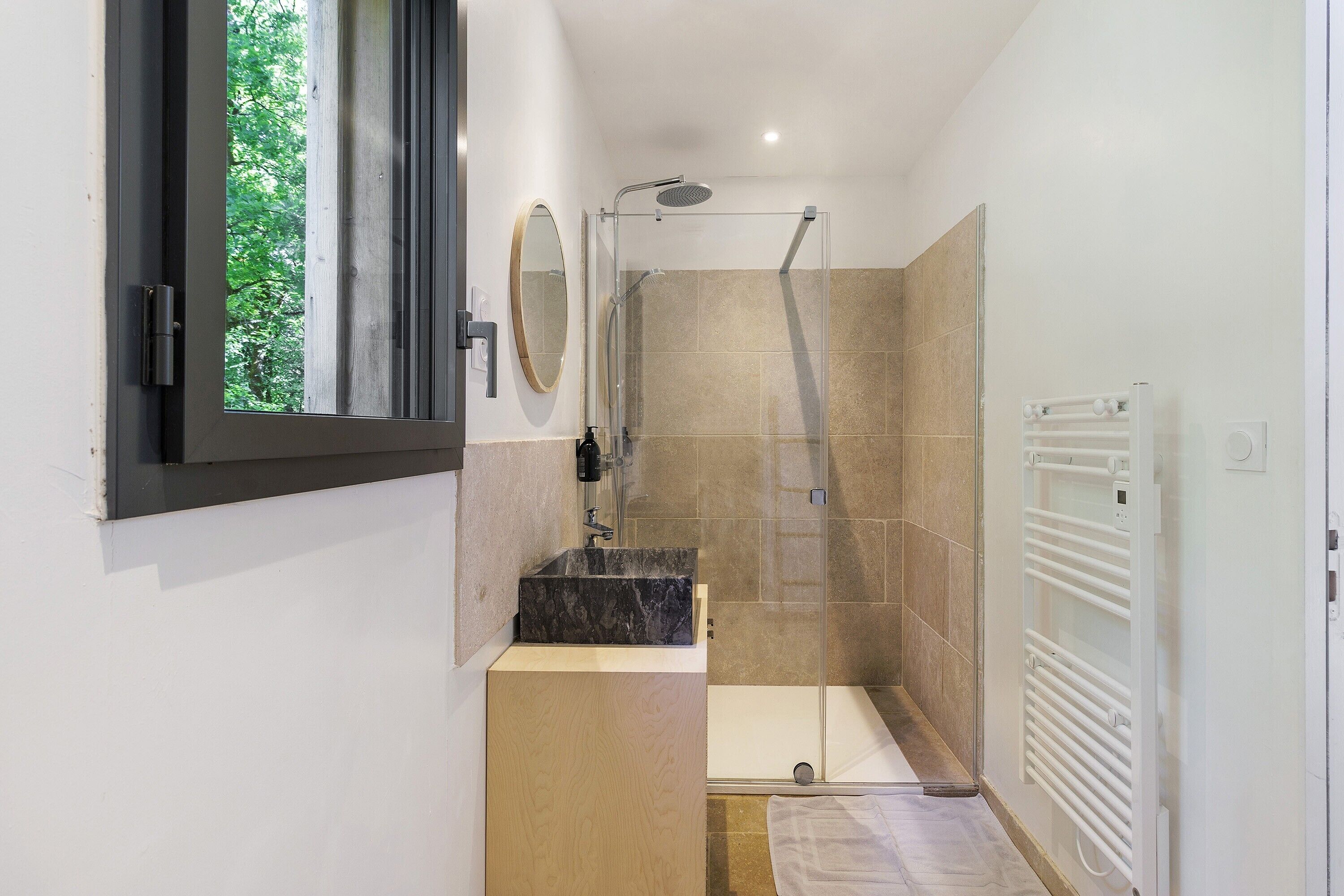 Shower, hair dryer, towels