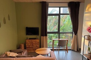 A living room with a sofa, a small wooden table, a TV on a wooden cabinet, and a window with curtains.