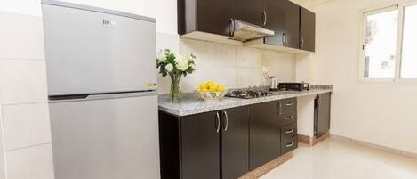 Fridge, microwave, stovetop, cookware/dishes/utensils