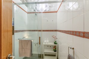 Shower, hair dryer, towels