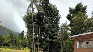 A wooden deck with a pool, surrounded by a natural landscape with trees and mountains in the background. - Arcadia
Lose the crowd and unplug to a 70 acre rainforest retreat. (Pont Cassé)
