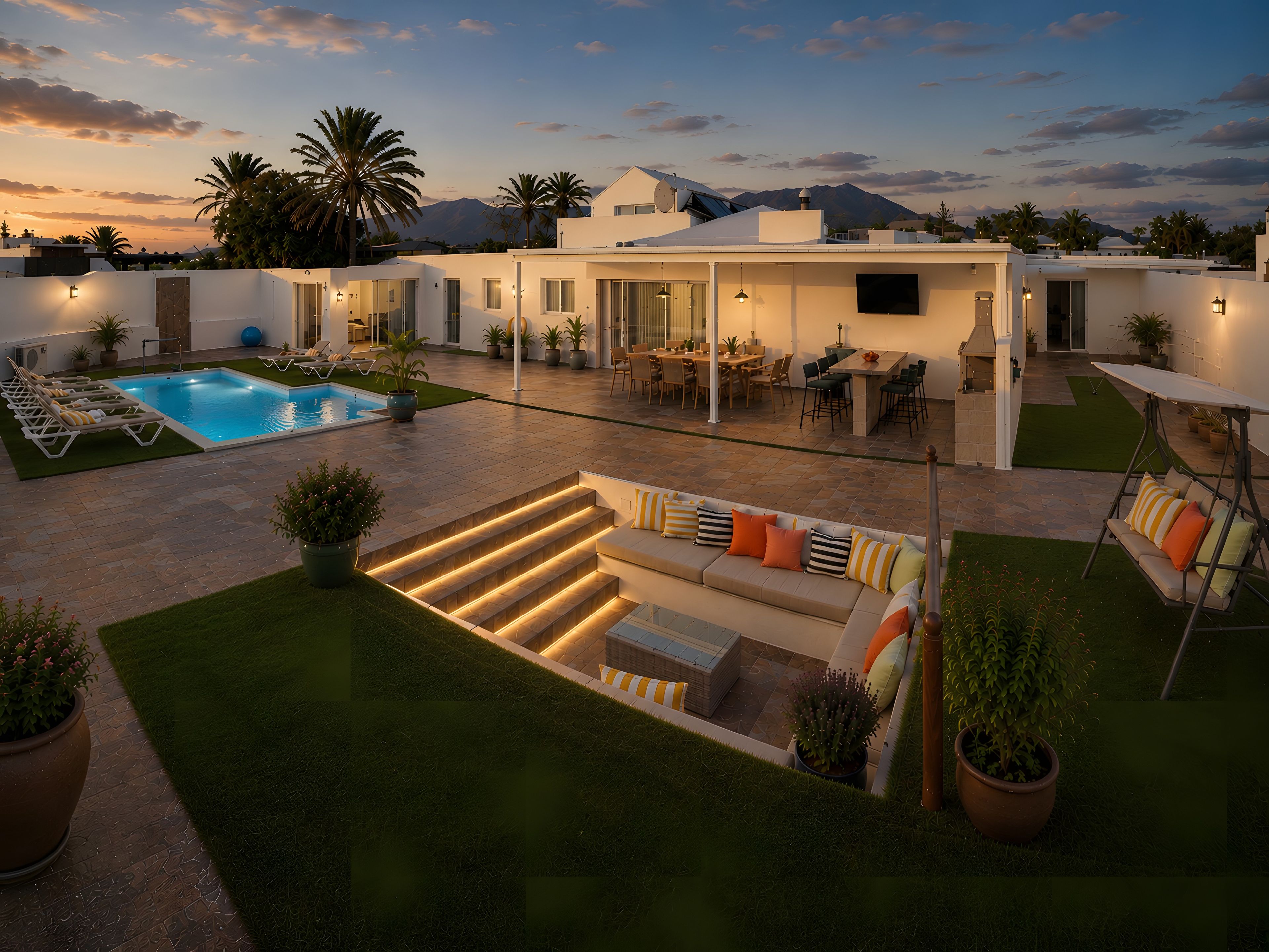 A modern outdoor living space with a pool, seating area, and a patio with a table and chairs.