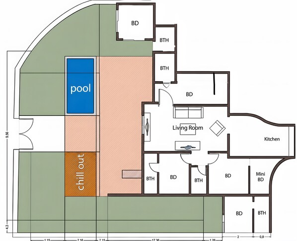A floor plan with a pool, living room, kitchen, and multiple bedrooms. - Holiday Villa 'The Suite' with Private Pool, Wi-Fi, and Air Conditioning (Playa Blanca)