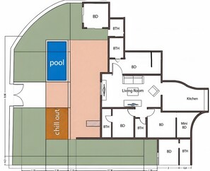 Un plan d’étage comprenant une piscine, un salon, une cuisine et plusieurs chambres.