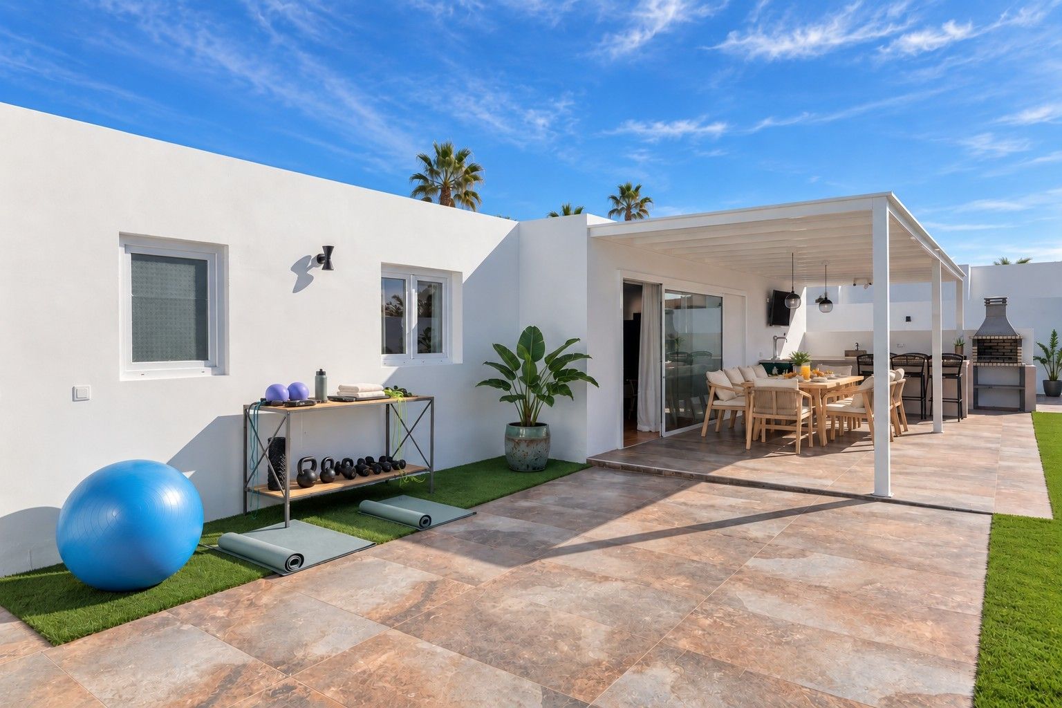 Un patio exterior moderno con zona de estar techada, equipo de ejercicio y una parrilla.