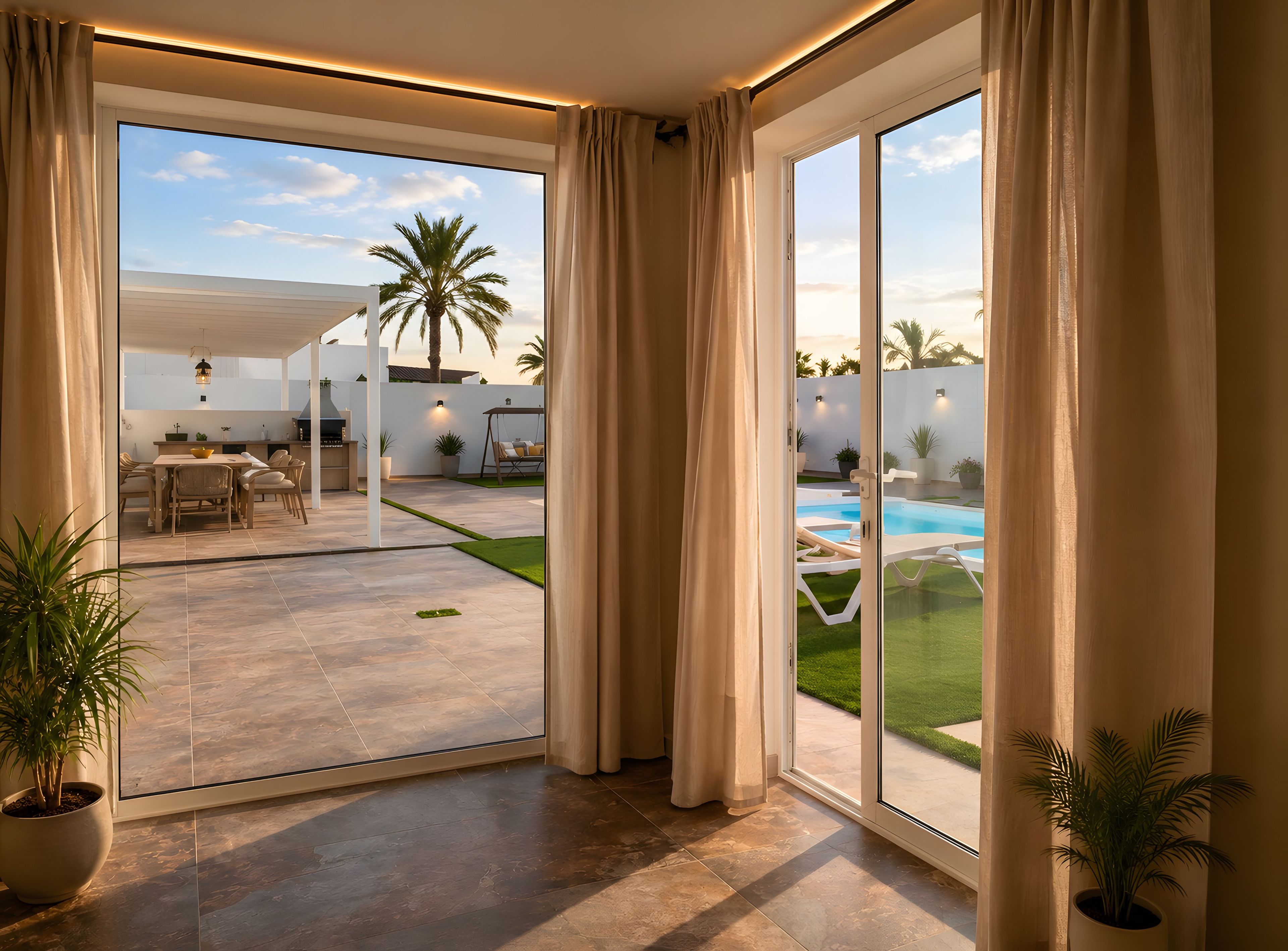 Un patio amplio con piscina, zona de comedor y vistas al exterior.