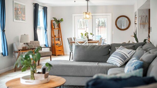 A living room with a grey sofa, a wooden coffee table, and a blue patterned rug. There is a ladder against the wall and a plant on the coffee table. - Lakefront Getaway 10 minutes from downtown Deland (DeLand)