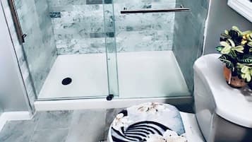 Chuveiro, secador de cabelo, toalhas de banho, sabonete