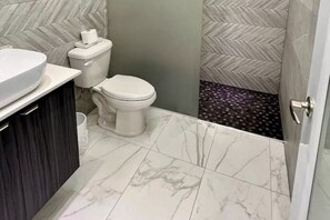 Shower, hair dryer, towels, soap