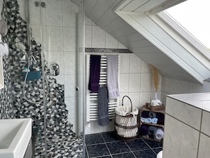 Hair dryer, towels, soap, toilet paper