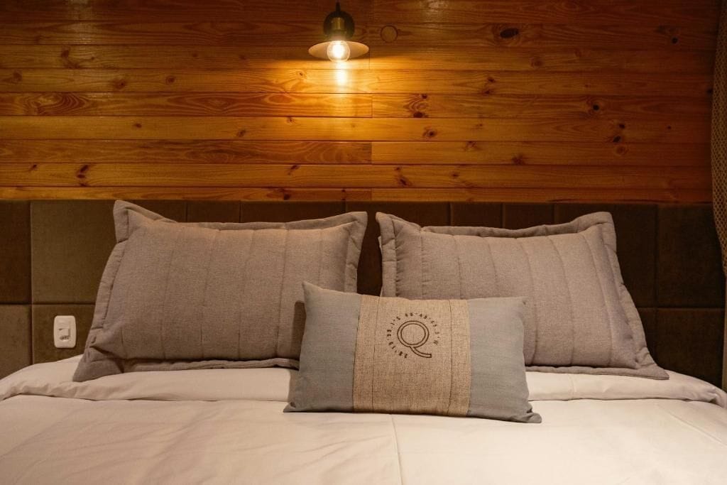 A bed with two pillows and a headboard against a wooden wall.