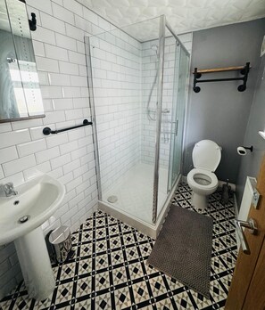 Shower, towels, toilet paper