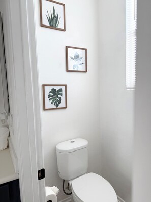 Chuveiro, secador de cabelo, toalhas de banho, sabonete