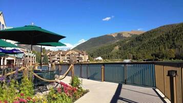 A lakeside deck with a wooden railing, a hammock, and a flower garden.