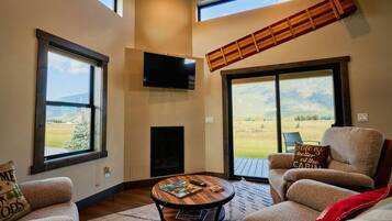 TV, fireplace, books