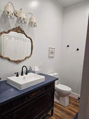 Shower, towels, soap, toilet paper