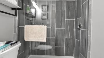 Hair dryer, towels, soap, toilet paper