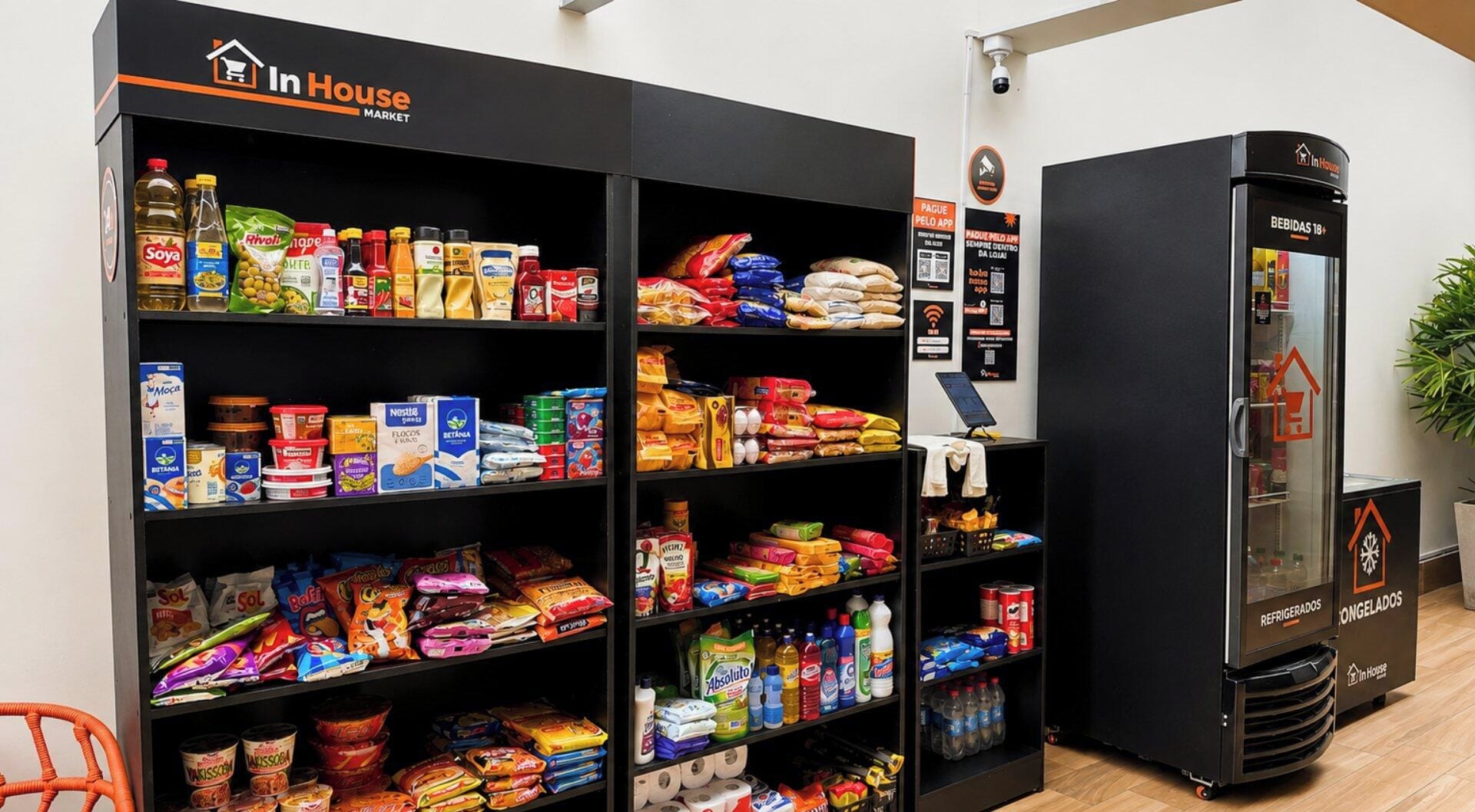 A grocery section with shelves stocked with various food items and a refrigerator labeled 'BEBIDAS 18+'.