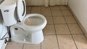 A bathroom with a toilet, a shower curtain, and a towel hanging on the wall. - Classic Inn Motel (Temple)