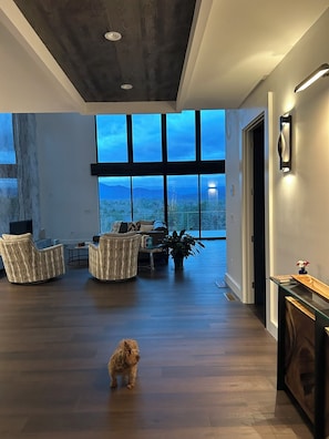 Ein geräumiges Wohnzimmer mit großem Fenster, Holzboden und einem Hund.