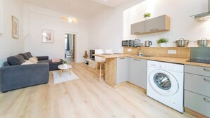 Ein modernes Apartment mit Küche, einem Wohnbereich mit Sofa und einer Waschmaschine.