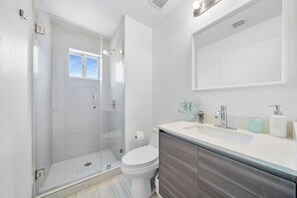Hair dryer, towels, soap, shampoo
