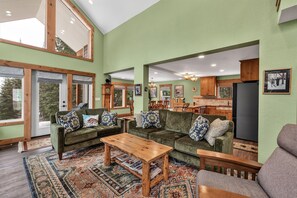 TV, fireplace, books