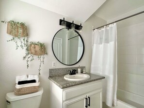 Hair dryer, towels, soap, toilet paper