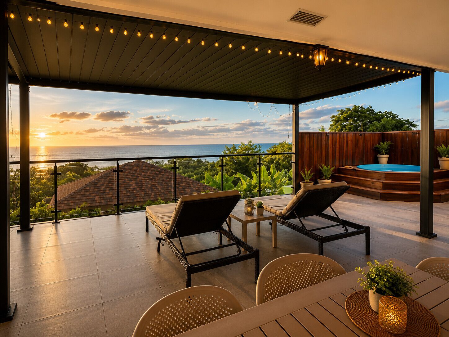 Un'area esterna coperta con piscina, lettini e vista sull'oceano al tramonto.