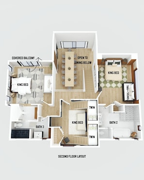 Pianta del layout di una camera d'albergo al secondo piano con un letto king size, due letti singoli, un balcone coperto e una zona pranzo aperta sulla sala da pranzo sottostante.