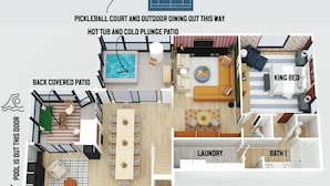 Een plattegrond van de begane grond van een huis met een overdekt terras aan de achterkant, een overdekt terras aan de voorkant en een oprit.