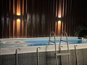 A swimming pool with a ladder, surrounded by a dark wooden wall with vertical light fixtures.