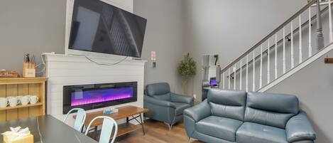 TV, fireplace, books