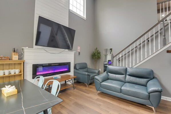 TV, fireplace, books