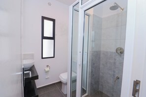 Douche, séchoir à cheveux, serviettes fournies, savon