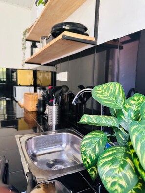 Een moderne keuken met een roestvrijstalen spoelbak, een houten plank erboven en een potplant met bladeren in verschillende kleuren.
