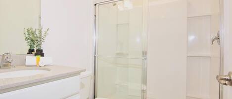 A bathroom with a glass shower enclosure, a white sink, and a toilet.