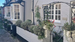 A row of white buildings with stone-paved streets, a metal gate, and potted plants.