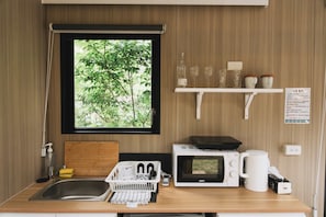 Fridge, microwave, stovetop, electric kettle