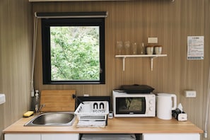 Fridge, microwave, stovetop, electric kettle