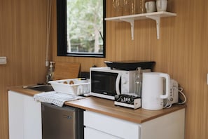 Fridge, microwave, stovetop, electric kettle