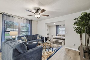 Smart TV, fireplace, foosball, books