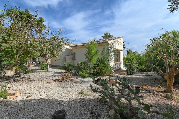 A house with a tiled roof, surrounded by gravel, cacti, and various shrubs.