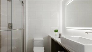 A modern bathroom with a glass shower enclosure, a white toilet, and a large bathtub with a mirror above it.