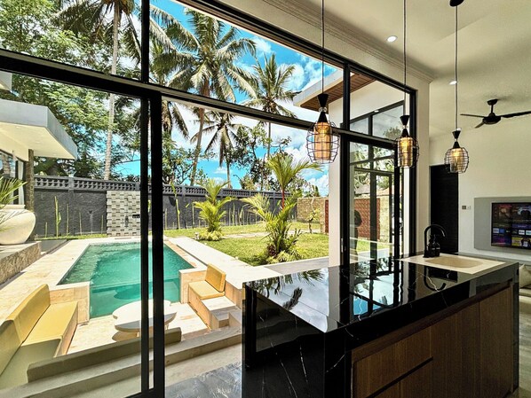 Two-Bedroom Villa | Private kitchen | Full-sized fridge, microwave, stovetop, cookware/dishes/utensils - Palazzo Carangsari - 2 Bedroom Villa (Carangsari)