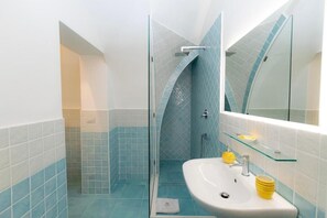 Hair dryer, bidet, towels, soap