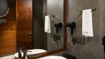 Hair dryer, slippers, towels, soap